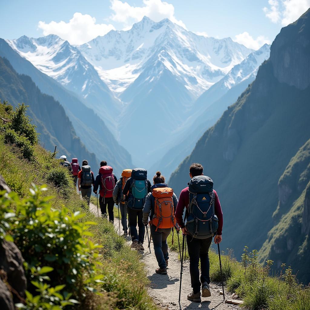 Group of trekkers traversing a scenic Himalayan trail