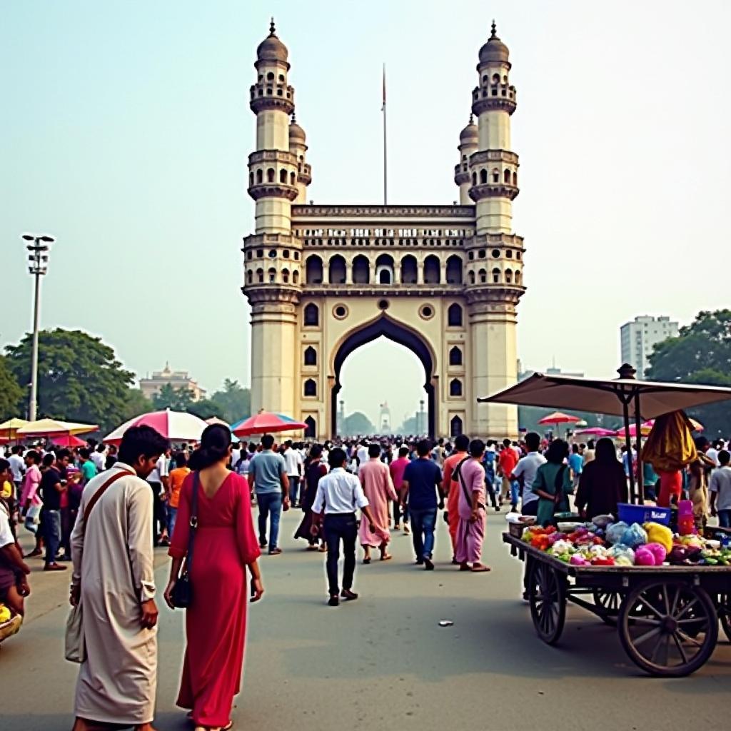 A vibrant image of the Charminar in Hyderabad, bathed in the warm glow of the setting sun.