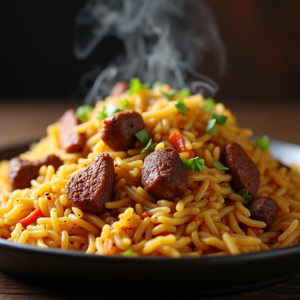 A steaming plate of Hyderabadi Biryani, a famous Indian dish.