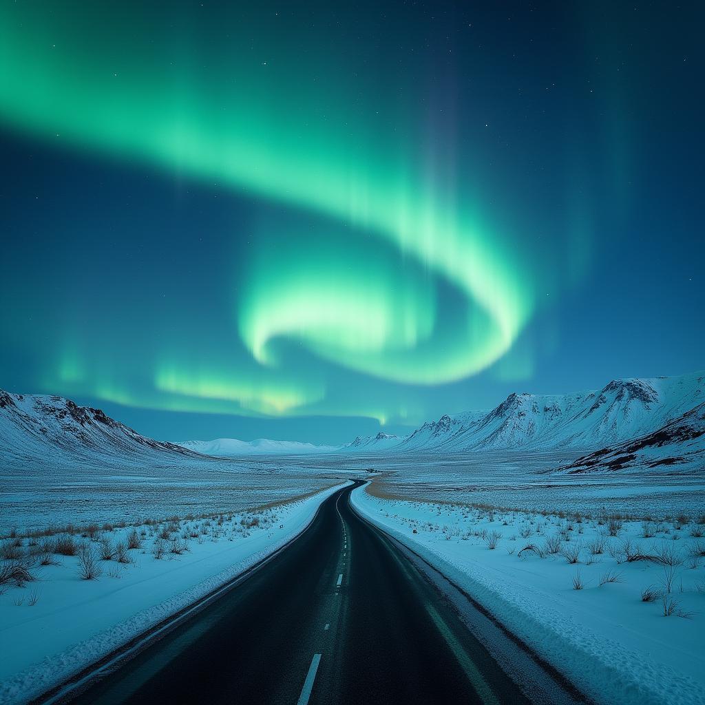 Iceland's Ring Road during winter with the Northern Lights dancing above.