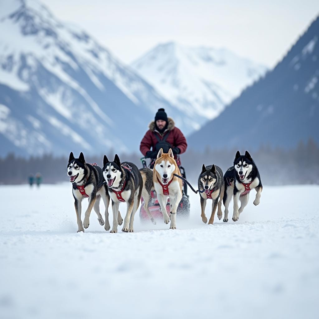 Iditarod sled dog team racing across a snowy Alaskan landscape