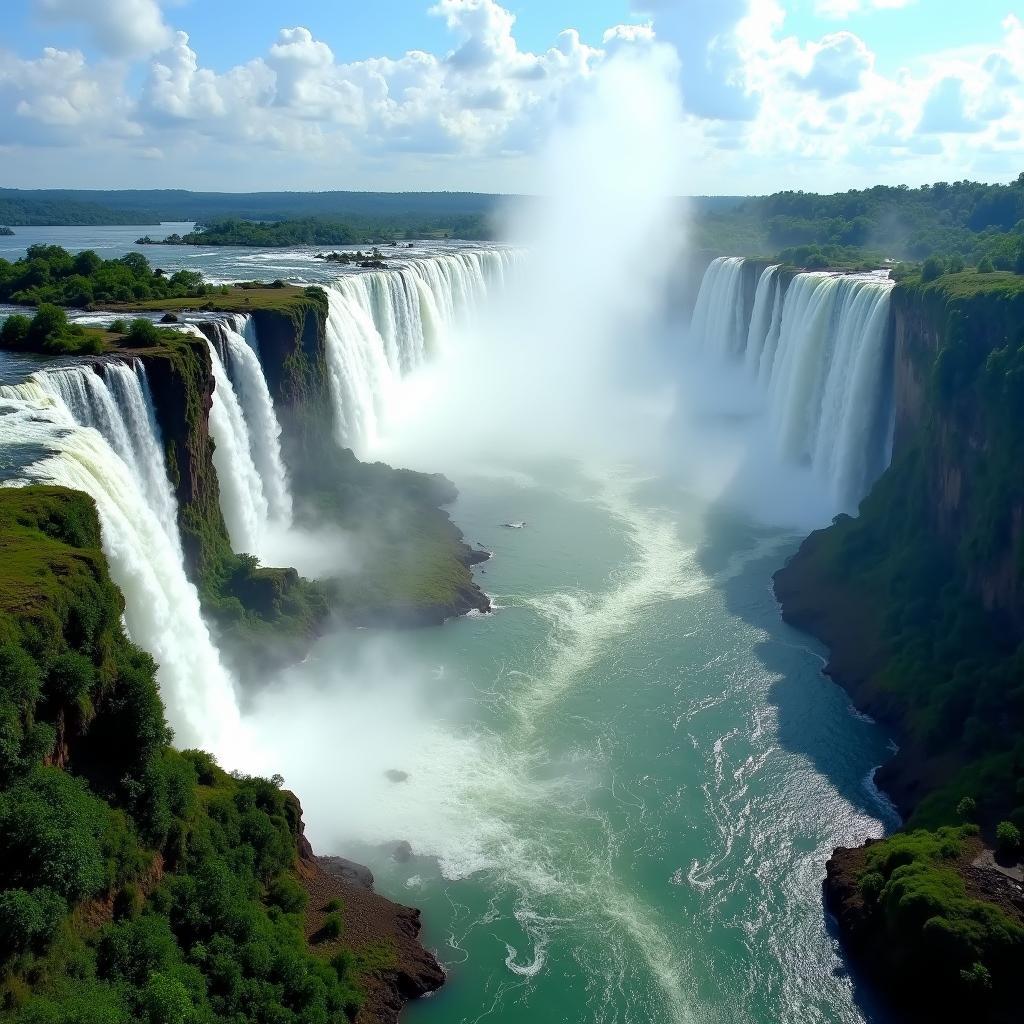 Iguazu Falls Aerial View: A breathtaking panoramic view of the Iguazu Falls from above, showcasing the cascading water and lush green surroundings.