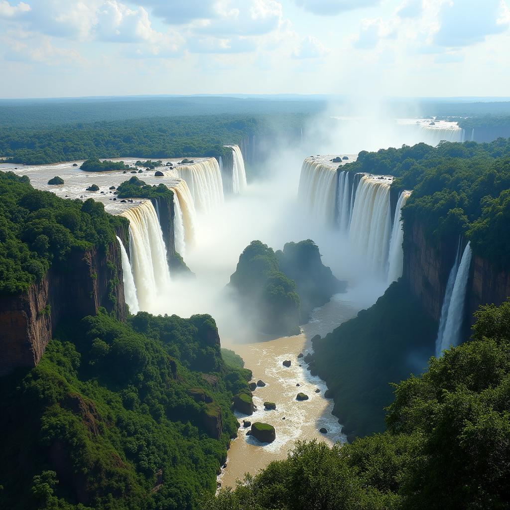 Iguazu Falls Brazilian Side Panoramic View: A wide panoramic view of the Iguazu Falls from the Brazilian side, showcasing the vastness and beauty of the falls.