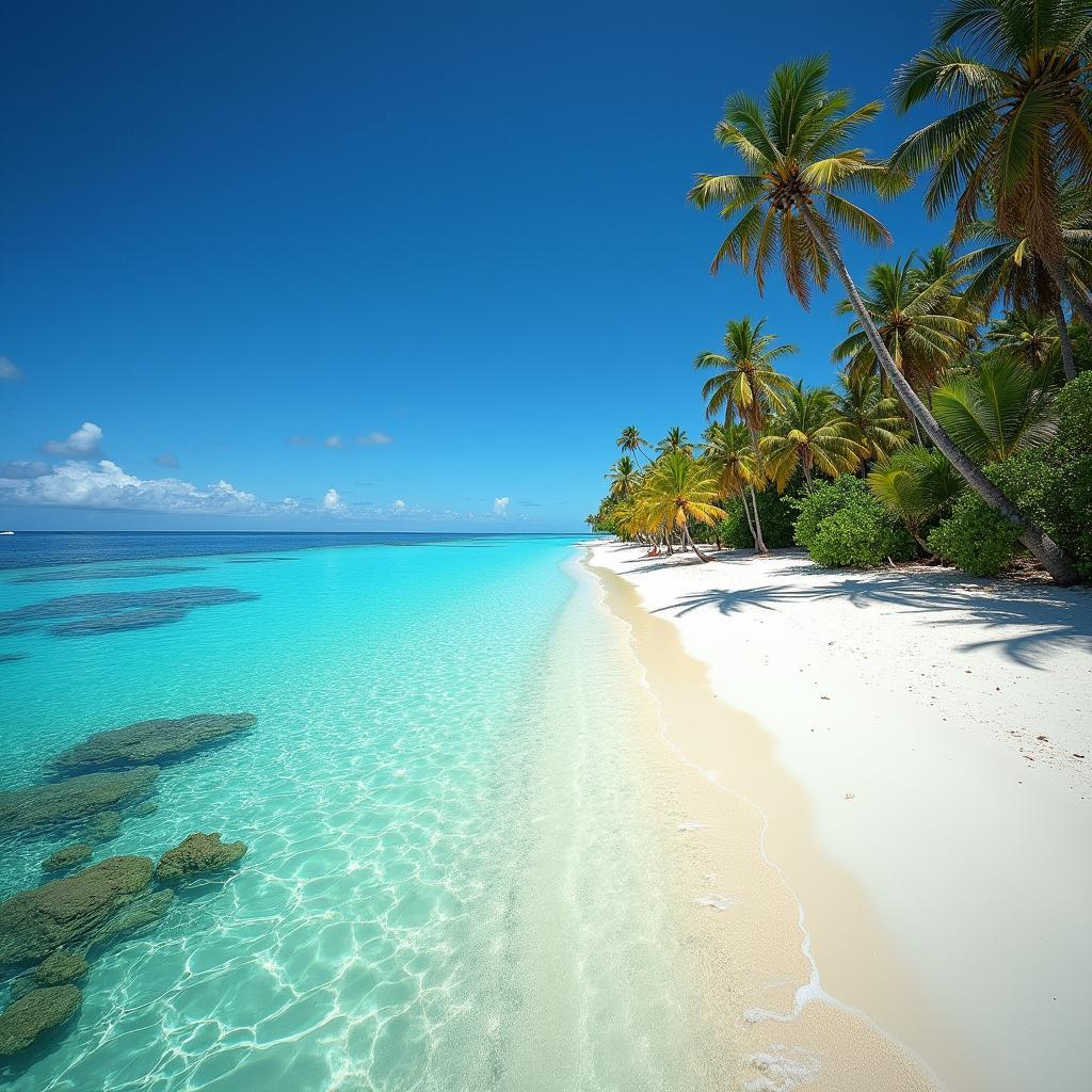 Ile aux Cerfs Beach View: Pristine white sand, crystal clear water, and lush green palm trees create a perfect tropical paradise.