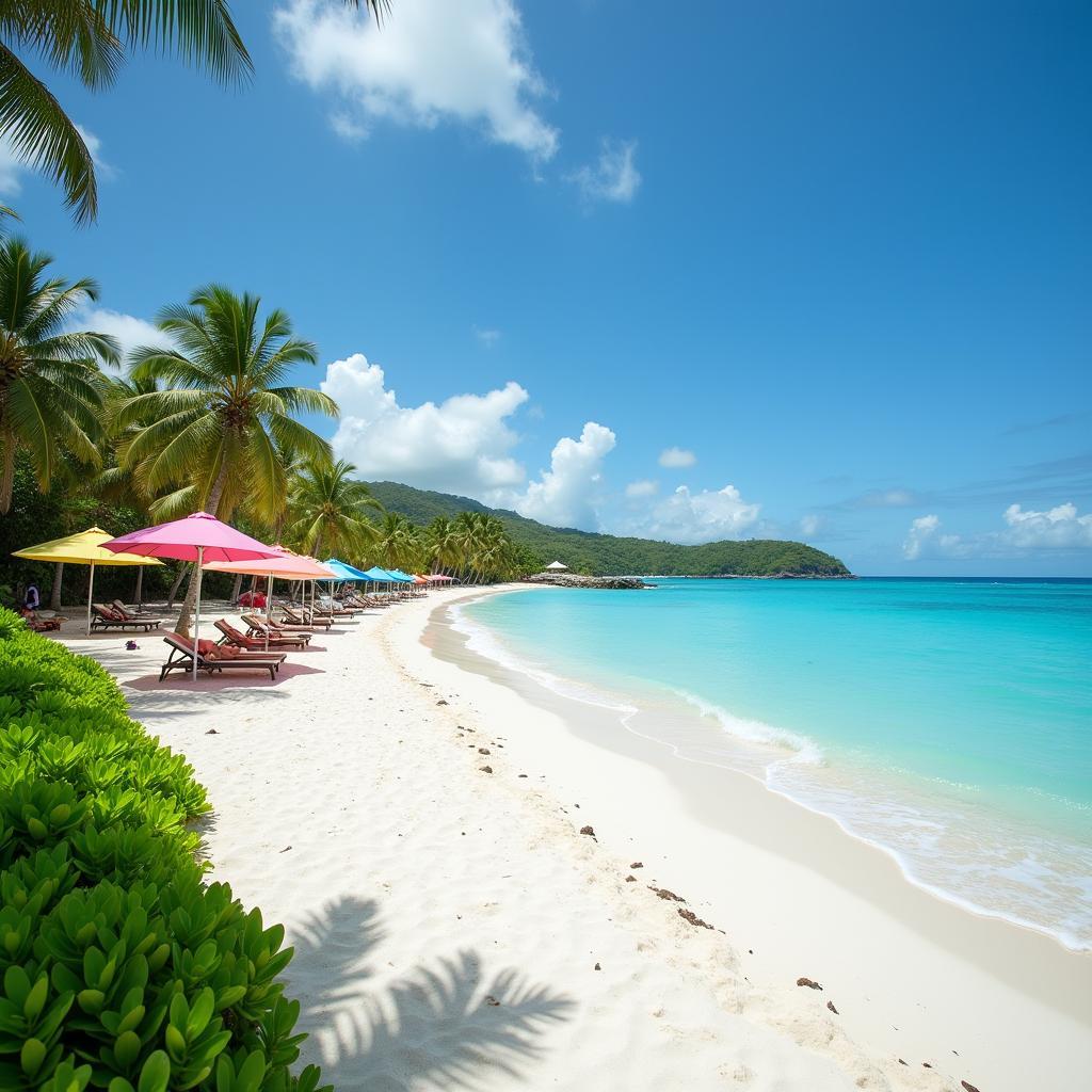 White sandy beach on Ile aux Cerfs Island, Mauritius, with crystal-clear turquoise water and lush green vegetation in the background.