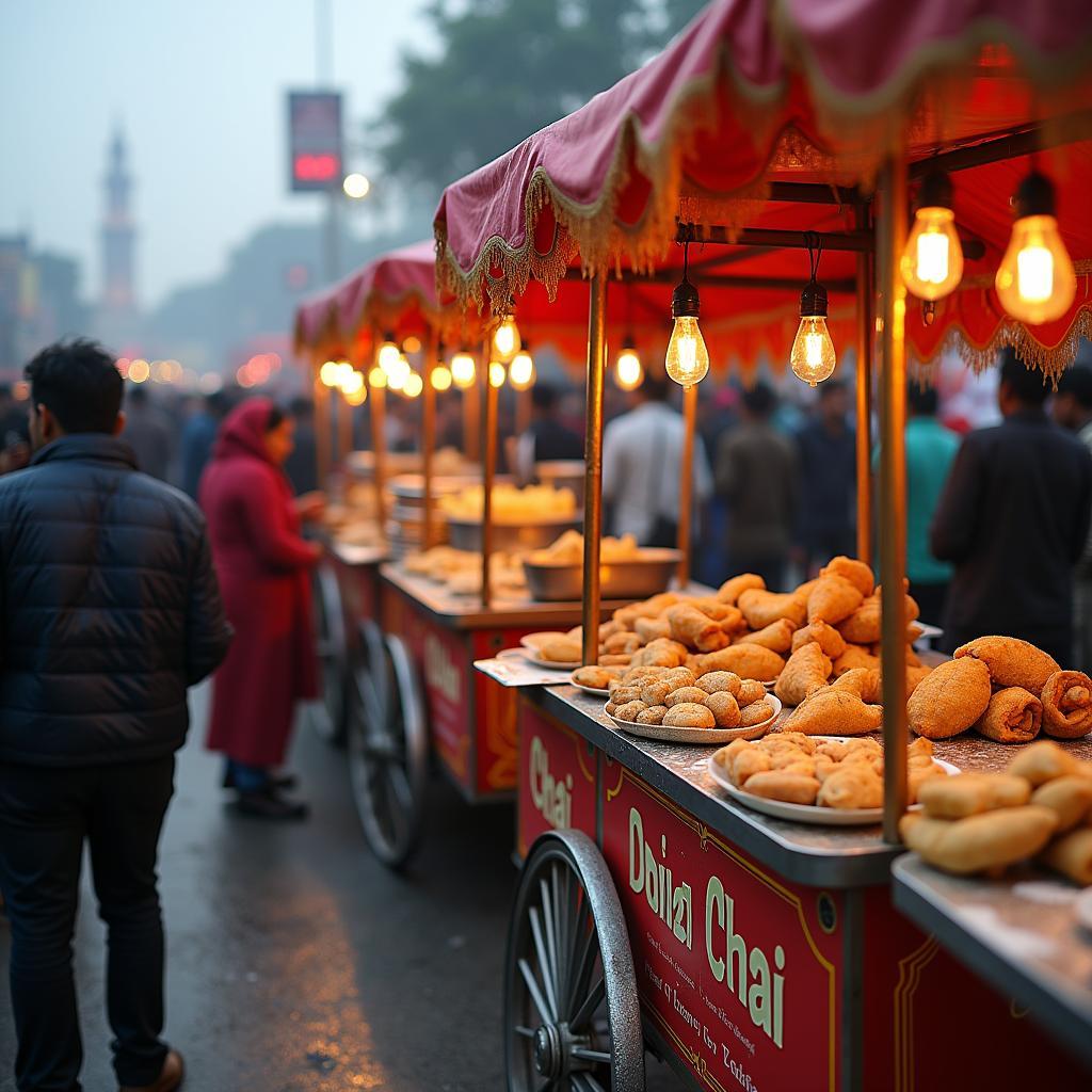 Street food vendors selling traditional Indian snacks near the Justin Bieber concert venue.