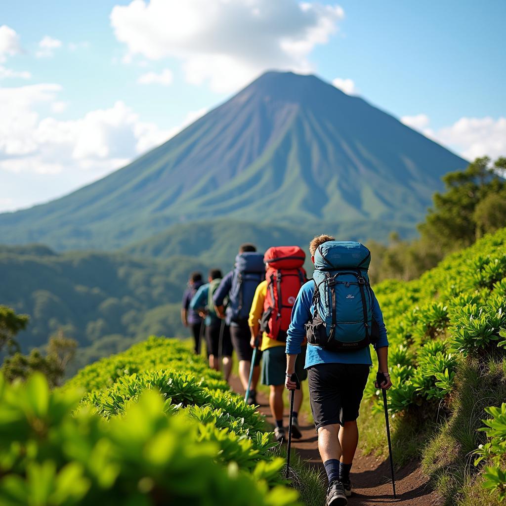 Hikers trekking up a volcano in Indonesia, surrounded by lush green scenery.