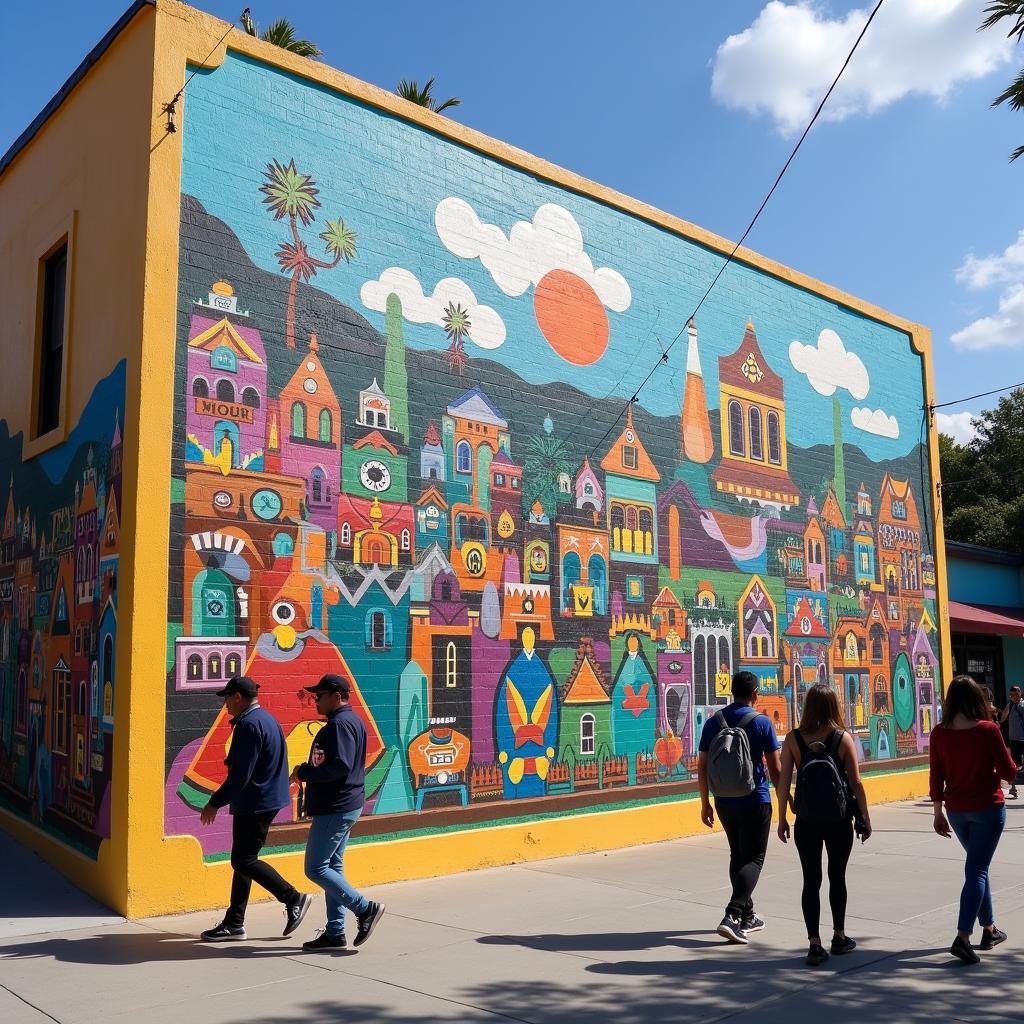 Vibrant street art mural in Inglewood, California depicting local culture and history.