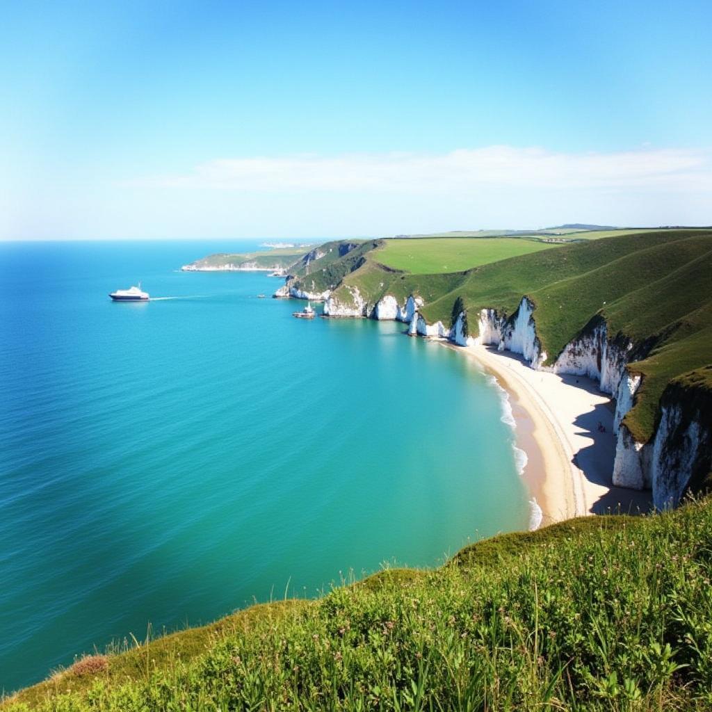 Scenic coastal view of the Isle of Wight with clear blue skies and rolling green hills.