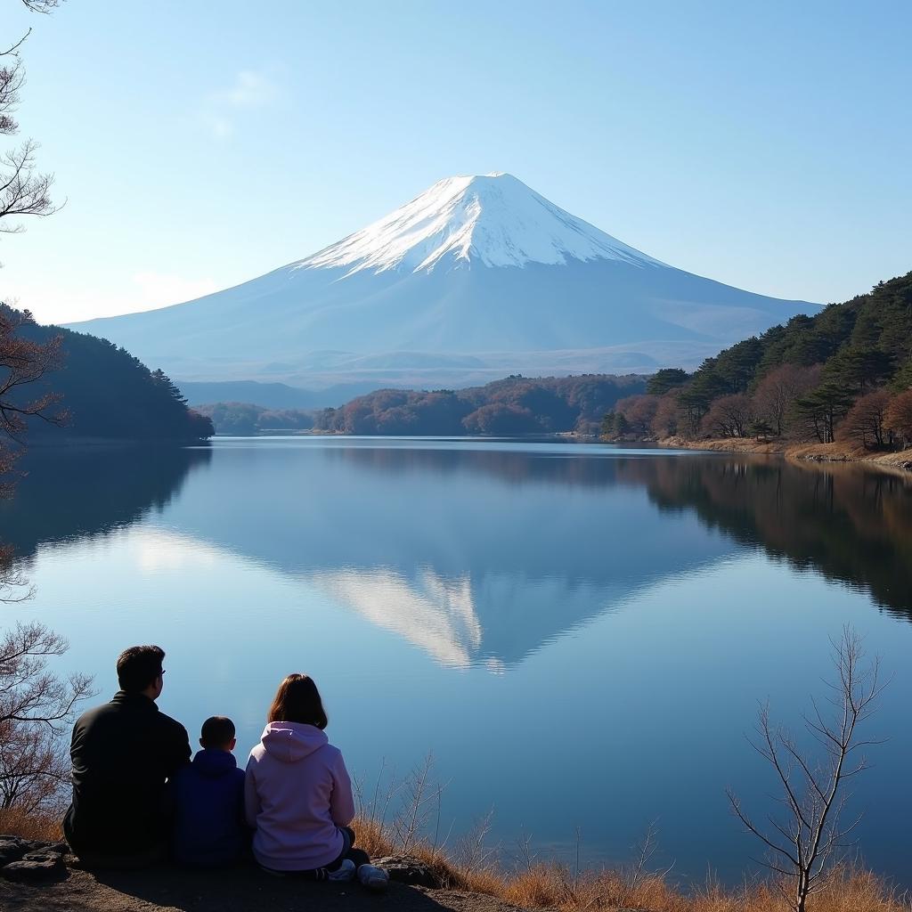 Breathtaking panoramic view of Mount Fuji with adults admiring the scenery.