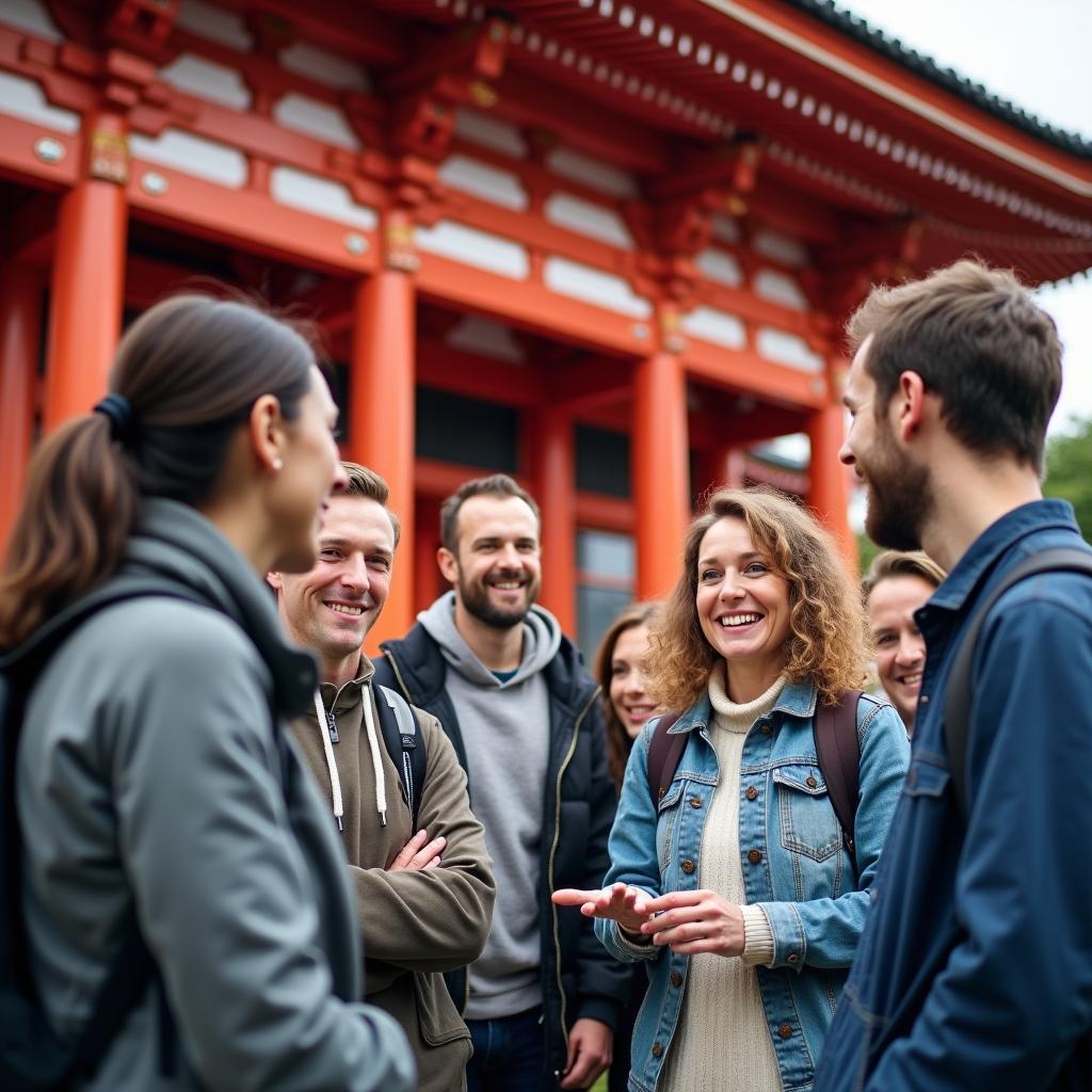 Group of tourists visiting a Japanese Temple