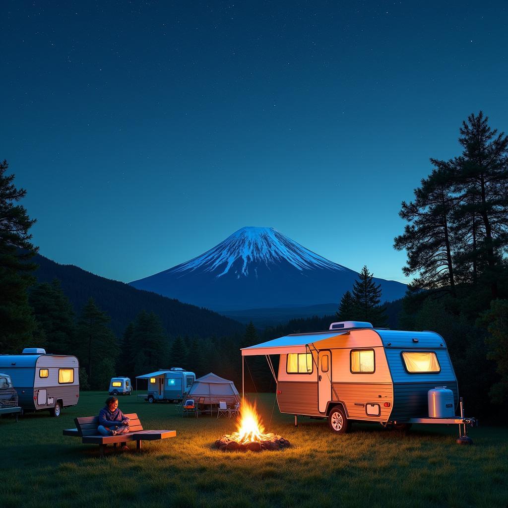 Camping under the majestic Mount Fuji in a Japanese caravan park, enjoying the serene atmosphere and stunning natural beauty.