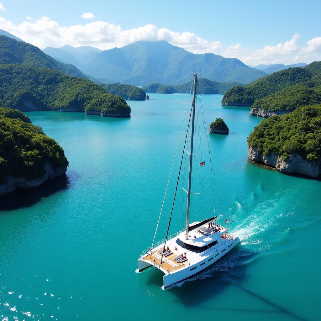 Catamaran cruising along the Japanese coastline