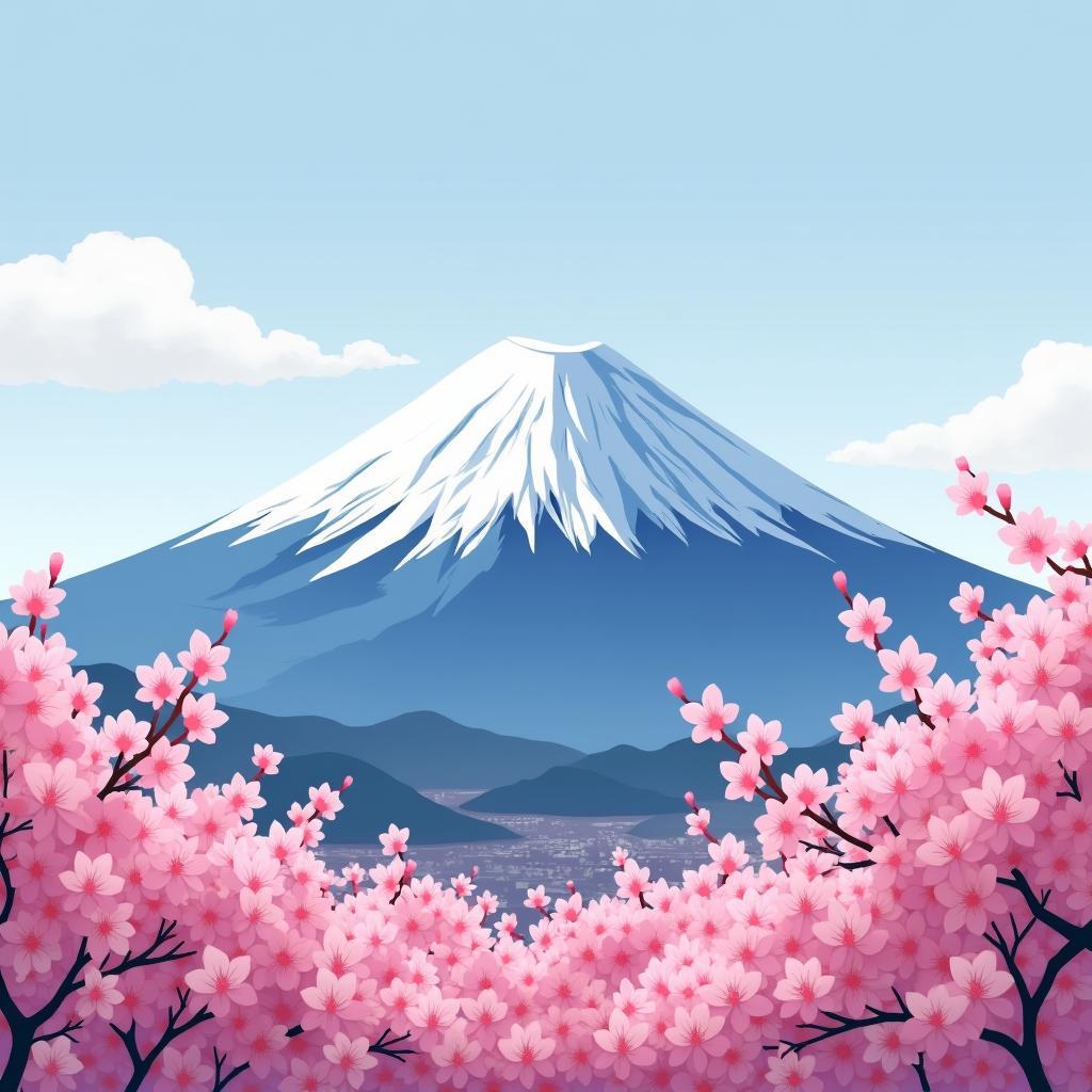 Cherry blossoms in full bloom with Mount Fuji in the background