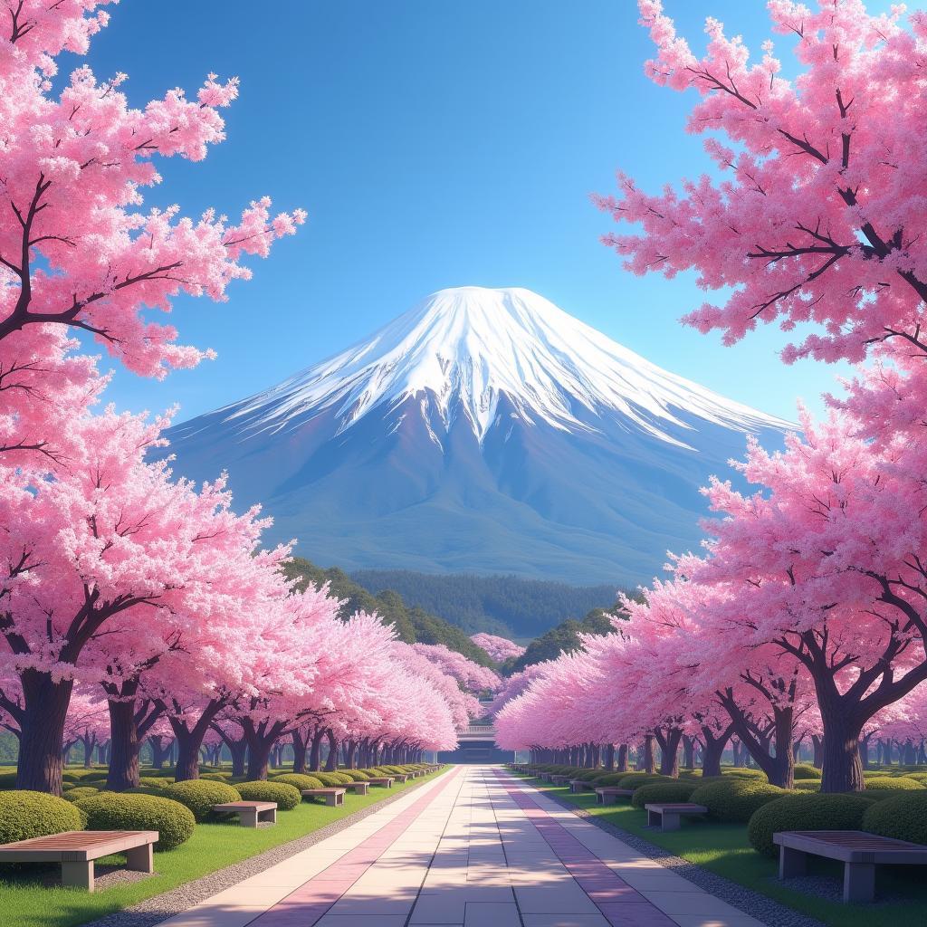 Cherry blossoms in full bloom with Mount Fuji in the background