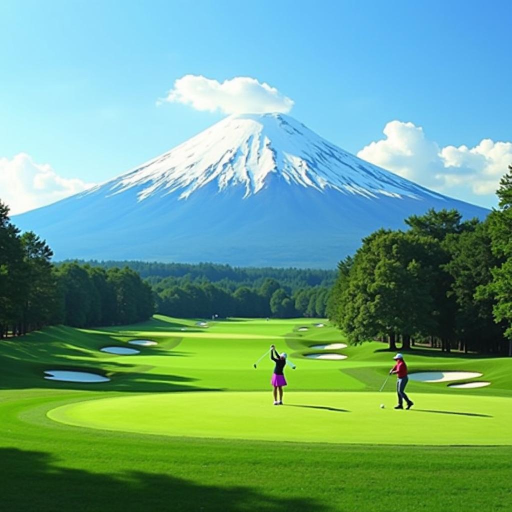 A scenic view of a golf course in Japan, hosting the Ladies European Tour, with Mount Fuji in the background