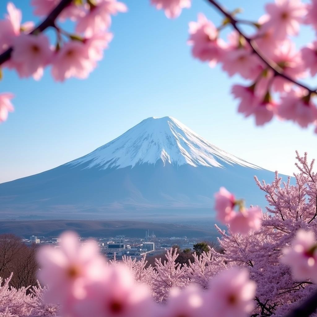 Mount Fuji framed by blooming cherry blossoms in the springtime, showcasing Japan's iconic natural beauty.