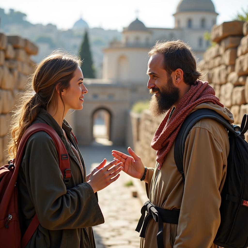 A pilgrim talking to their guide during a pilgrimage in Japan.