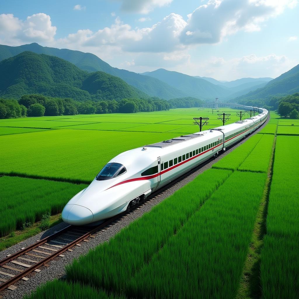 Shinkansen Bullet Train Speeding Through Countryside