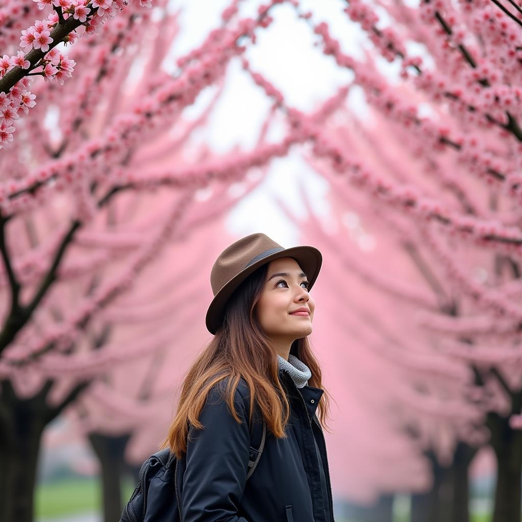 Solo Traveler Amidst Cherry Blossoms in Japan