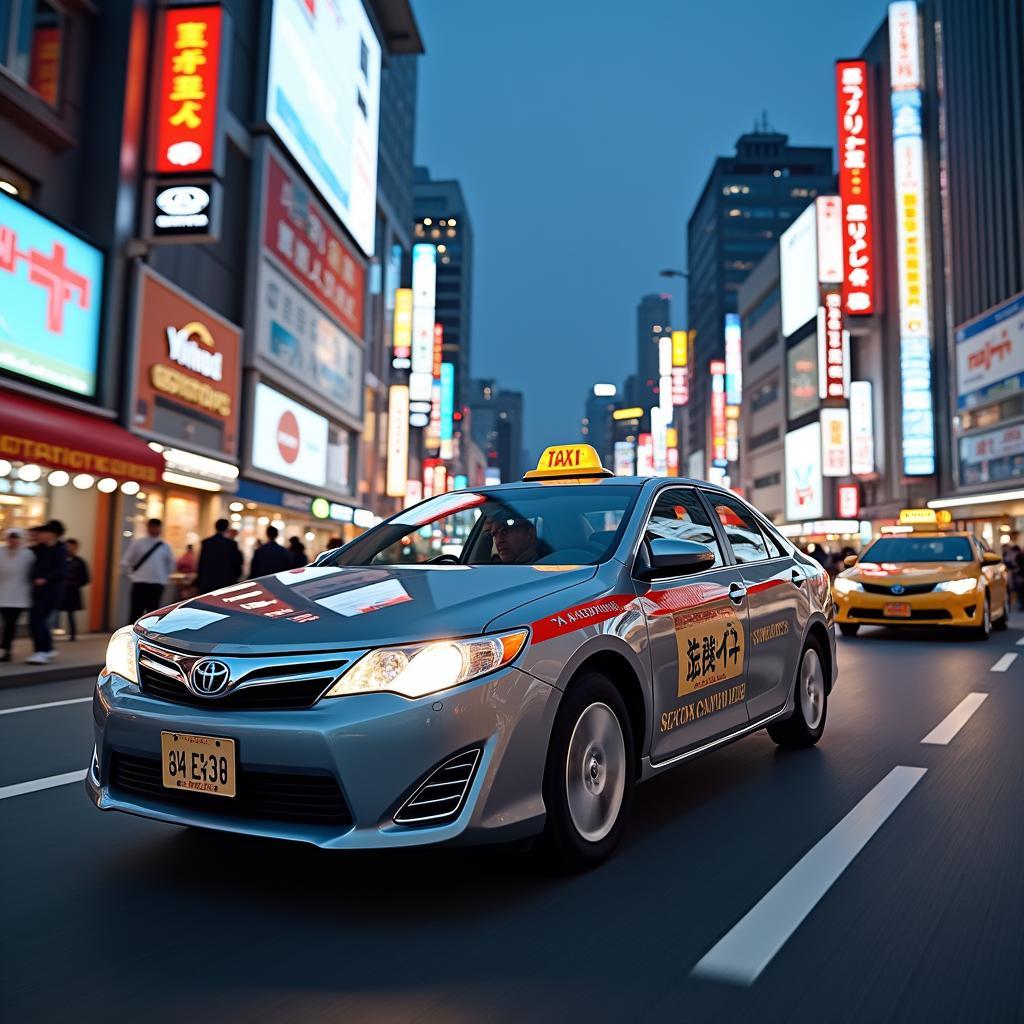 Modern Taxi Navigating a Bustling Japanese Cityscape