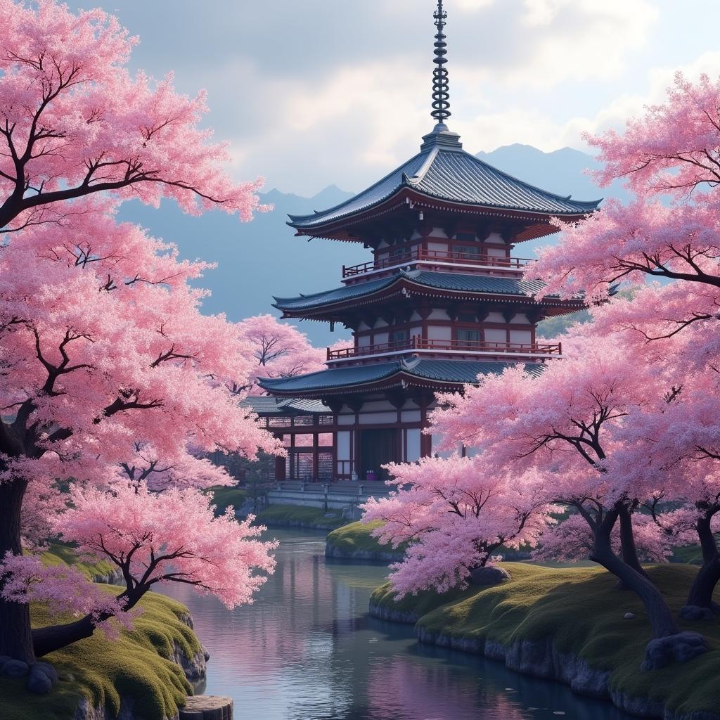 A serene Japanese temple surrounded by blooming cherry blossoms.