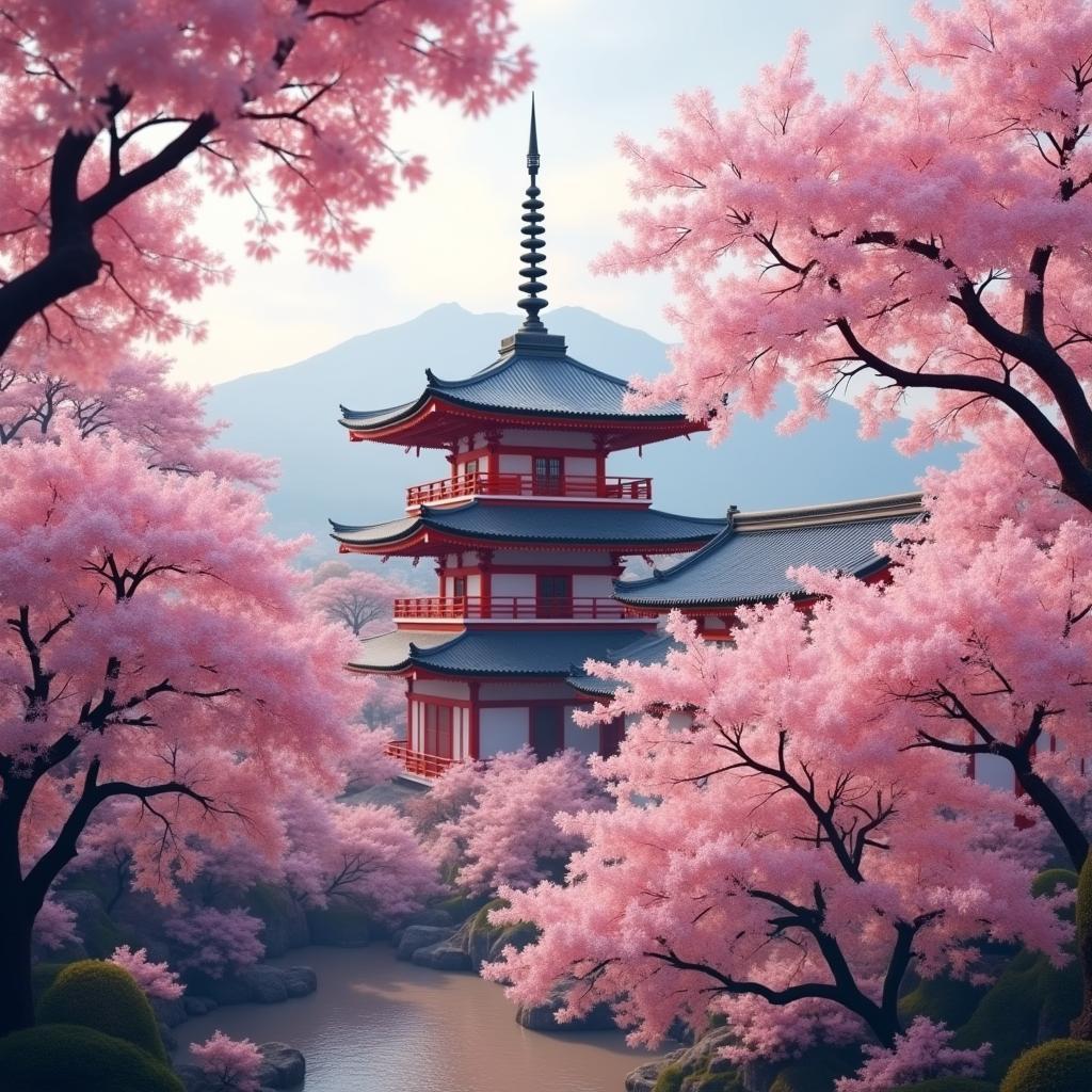 A serene Japanese temple surrounded by blooming cherry blossoms, perfect for world tour wallpaper.