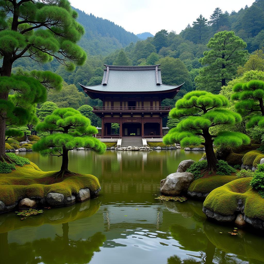 A tranquil Japanese garden surrounding a traditional temple, evoking a sense of peace and serenity.