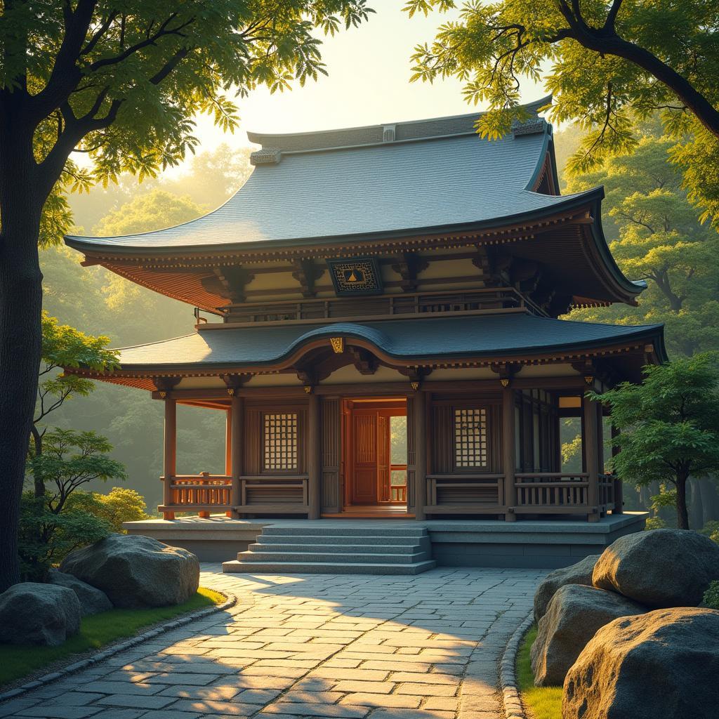 A serene Japanese temple nestled amidst lush greenery, symbolizing a peaceful spiritual journey facilitated by Abu Tour.