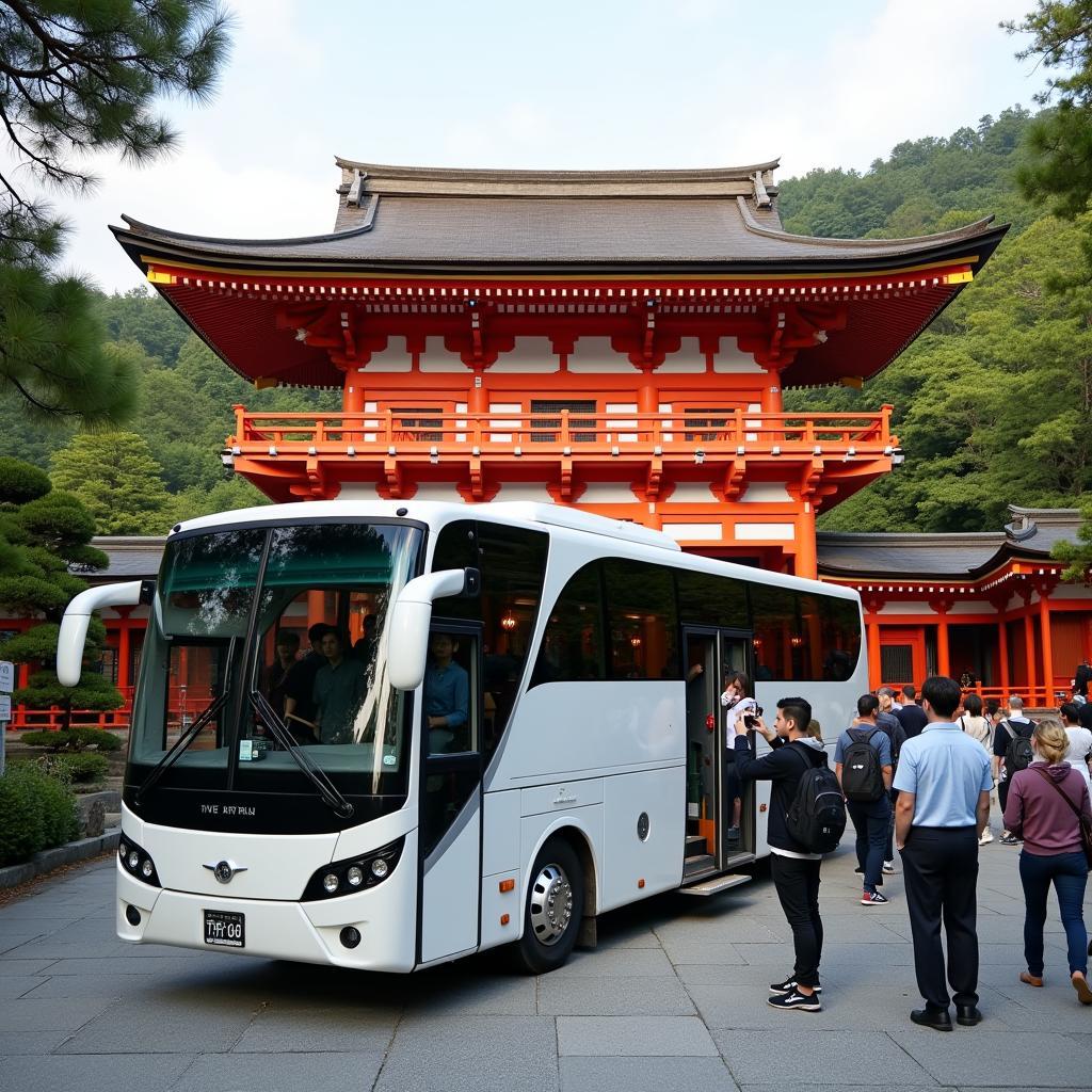 A tour bus parked near a famous temple in Kyoto, Japan.