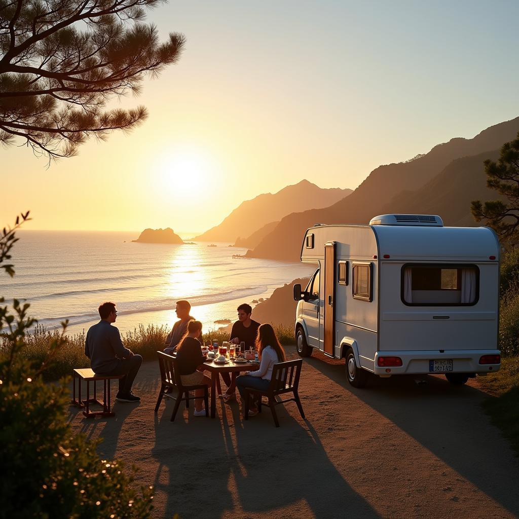 Tour caravan parked at a scenic coastal campsite in Japan