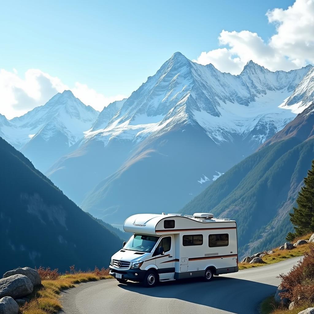 Tour caravan parked overlooking a breathtaking mountain view in Japan