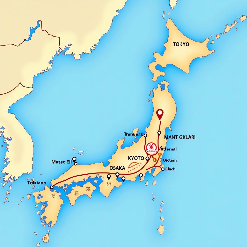 Navigational map of Japan with highlighted tour destinations