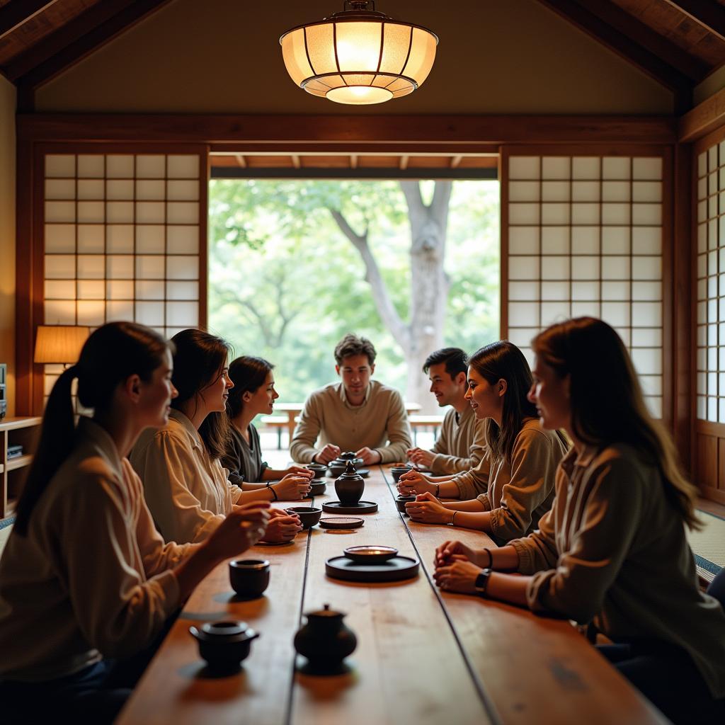 Enjoying a tea ceremony in a traditional Japanese teahouse during a touring wagon trip