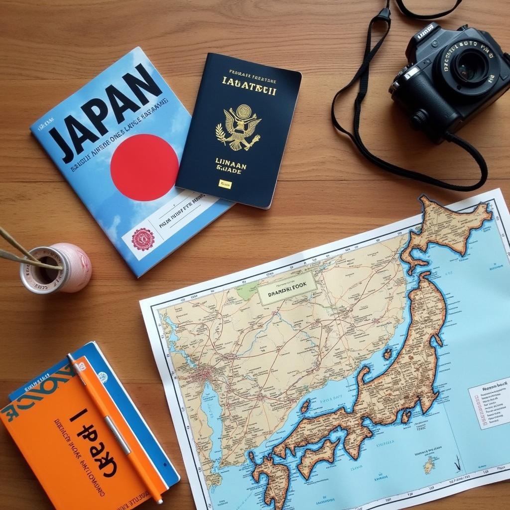 Essential items for your Japan trip, including a passport, travel guide, and camera.