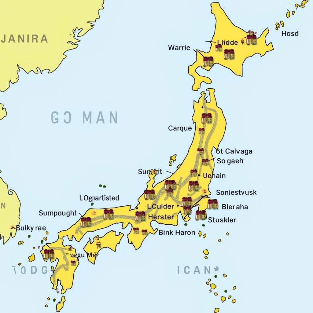 A travel map of Japan with marked locations and a detailed itinerary.  Small gift icons are scattered around the map, representing the various experiences and souvenirs one can acquire during their travels.