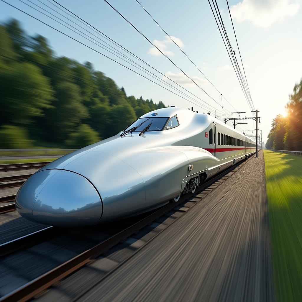 A sleek, modern Japanese bullet train, the Shinkansen, speeding through the countryside.