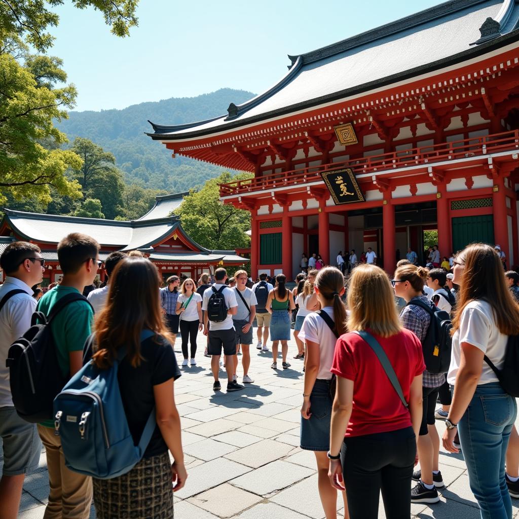 Group of tourists exploring a Japanese temple during a guided bus tour