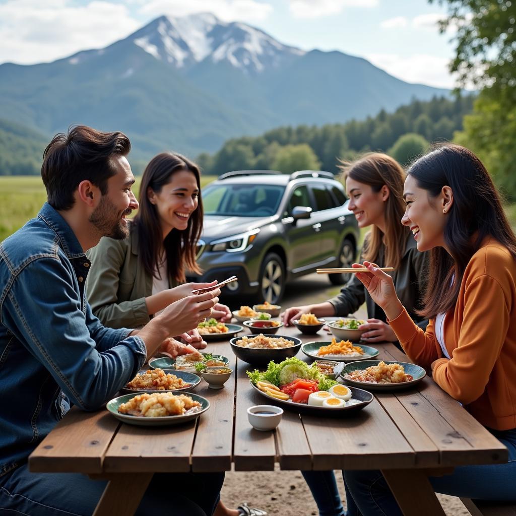 Enjoying Japanese cuisine during a road trip in a Subaru Outback Touring