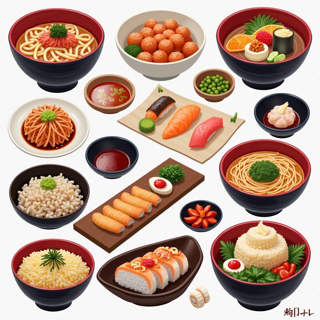 Variety of Japanese Dishes Including Sushi and Ramen