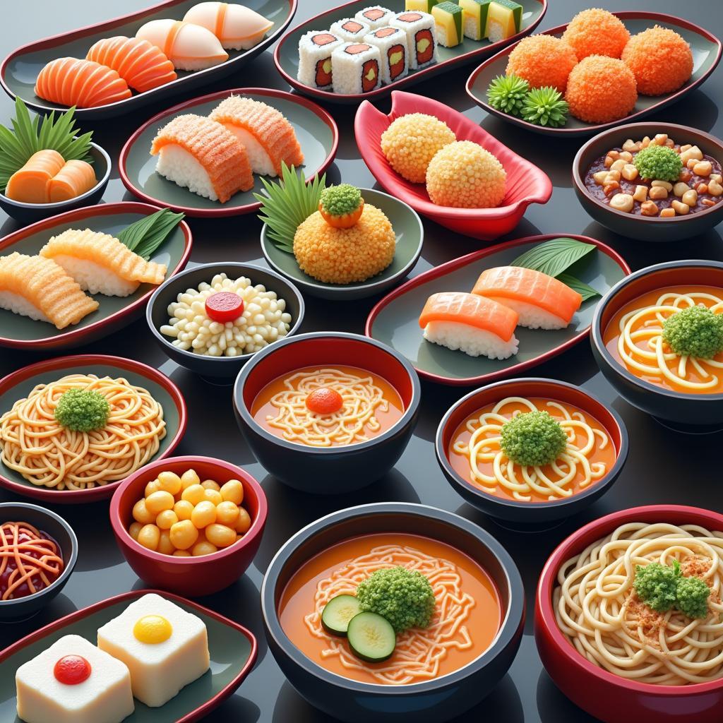 A variety of Japanese dishes, including sushi, ramen, and tempura.