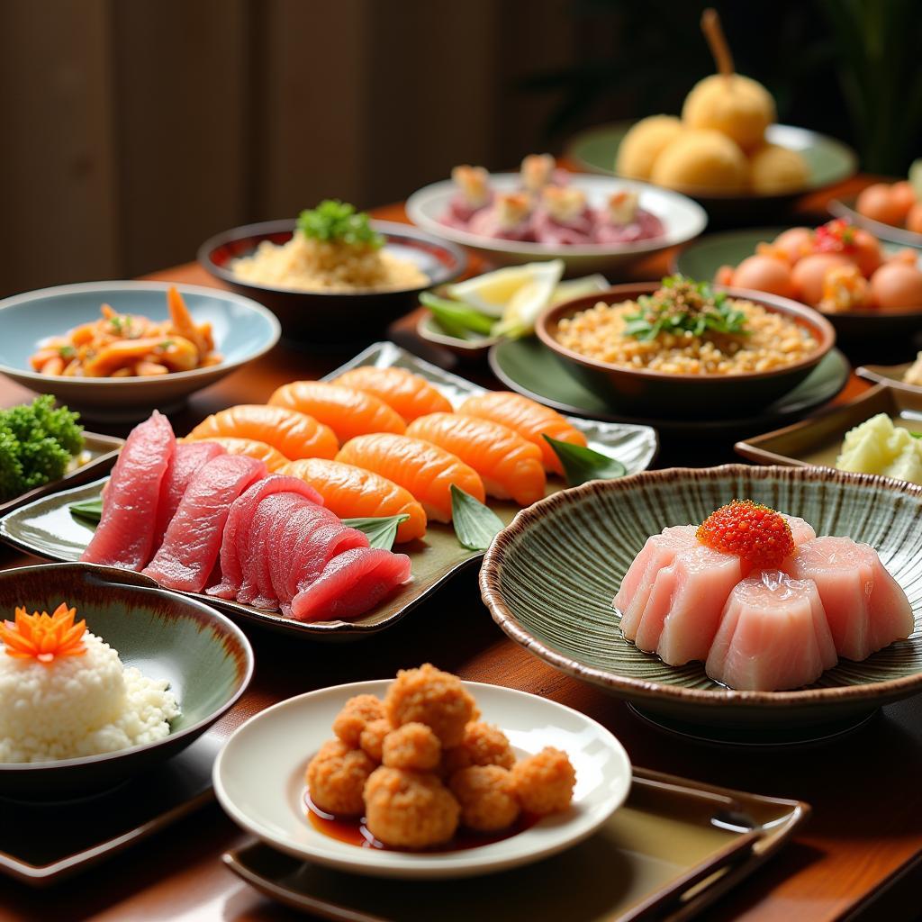 An array of Japanese dishes, showcasing the diversity and artistry of Japanese cuisine.