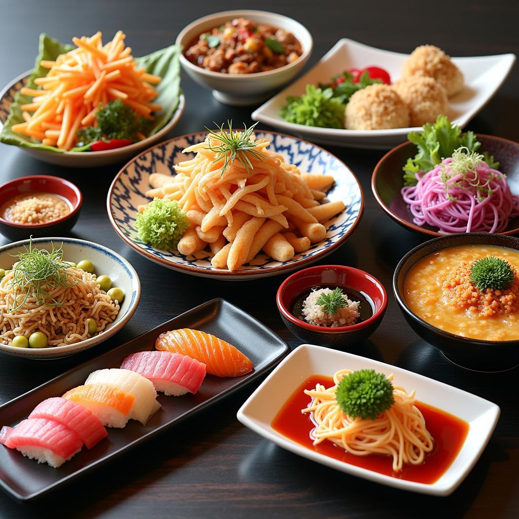 Delicious Array of Japanese Cuisine - Sushi, Ramen, and Tempura Background Image