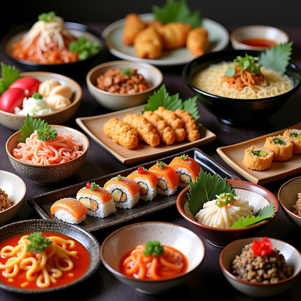 An array of Japanese culinary delights, featuring sushi, ramen, and other traditional dishes.