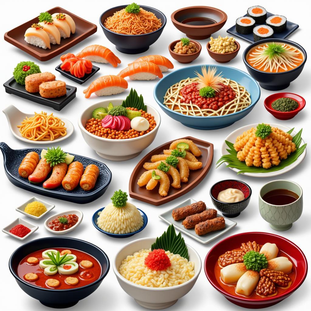 Variety of Japanese Dishes including Sushi and Ramen