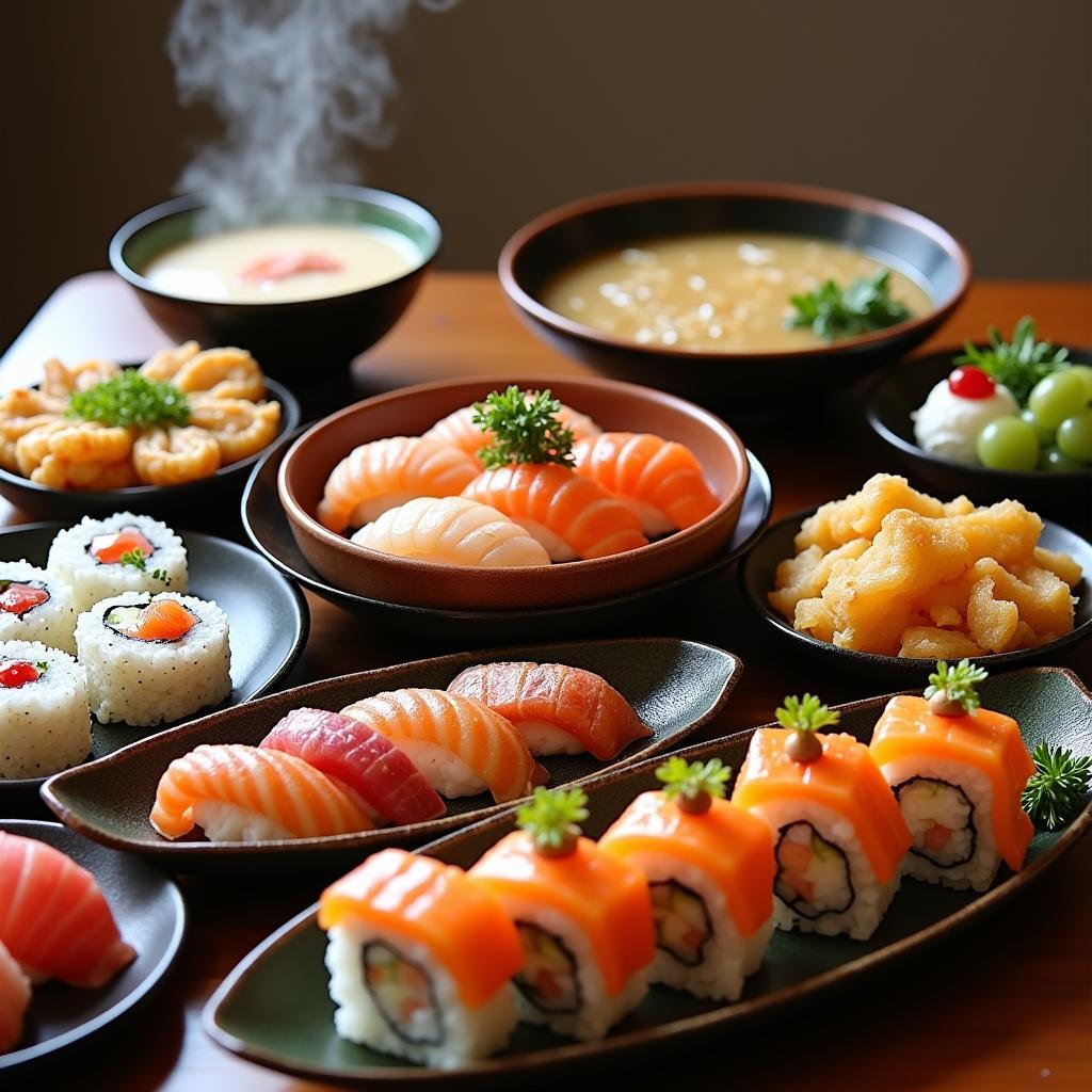 A table filled with various Japanese dishes, including sushi, ramen, tempura, and other traditional delicacies.