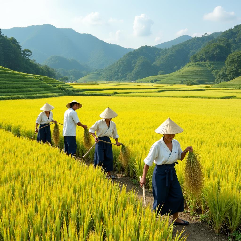 Japanese Farm Workers Harvesting Rice Paddies in Rural Japan