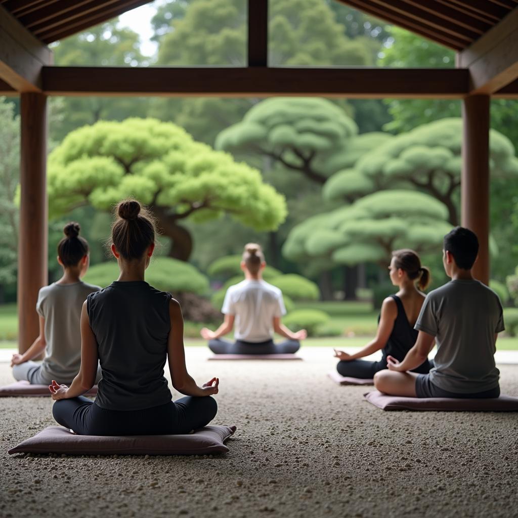 Individuals meditating in a Japanese garden, embracing the tranquility and finding inner peace with Abu Tour.