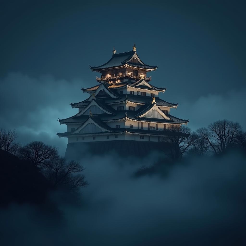 A traditional Japanese castle at night, shrouded in mist, giving it a haunted appearance