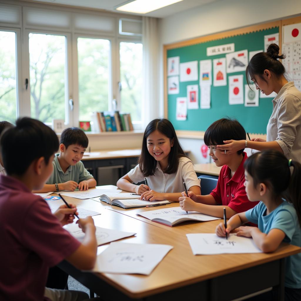 Students learning Japanese in a classroom setting during a summer camp program.